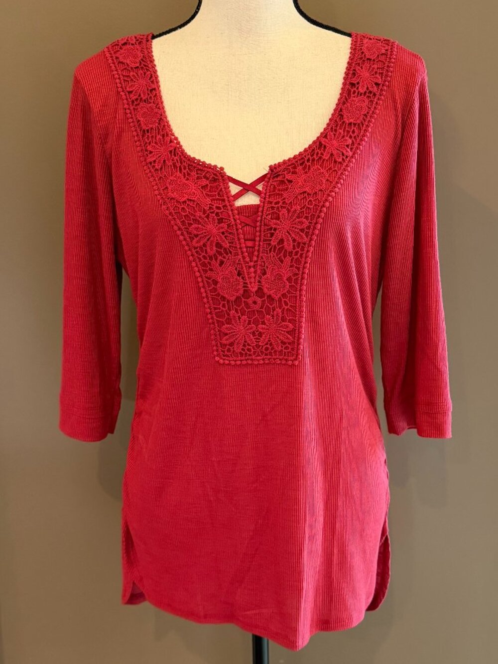 Democracy Red Lace Detailed 3/4 Sleeve Ruched Country Western, Size XL